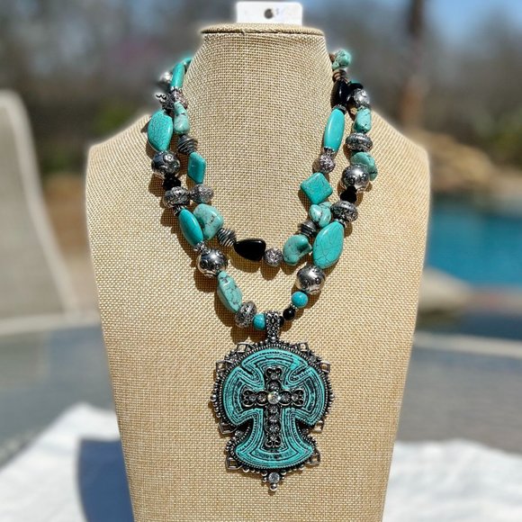 Cross Necklace Multi Strand Statement Set Huge Turquoise Howlite Handmade - Picture 7 of 8